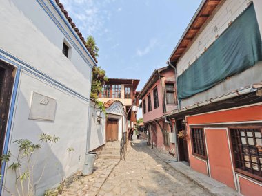Typical street and houses at The old town of city of Plovdiv, Bulgaria