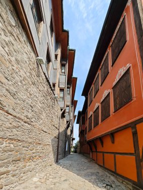 Typical street and houses at The old town of city of Plovdiv, Bulgaria