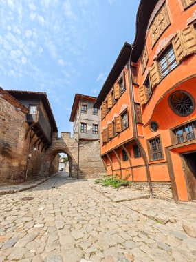 Typical street and houses at The old town of city of Plovdiv, Bulgaria