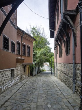 Typical street and houses at The old town of city of Plovdiv, Bulgaria