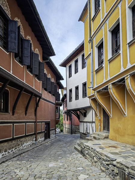 Typical street and houses at The old town of city of Plovdiv, Bulgaria