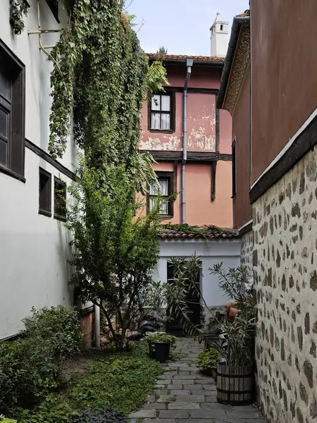 Typical street and houses at The old town of city of Plovdiv, Bulgaria