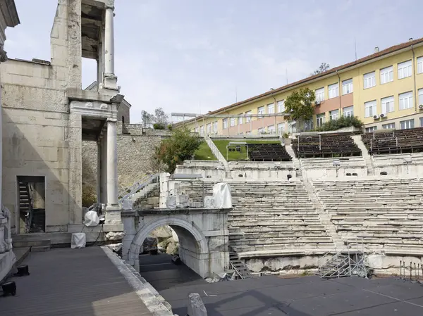 stock image Ruins of Ancient Roman theatre of Philippopolis in city of Plovdiv, Bulgaria