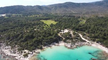 Orange Beach, Chalkidiki, Orta Makedonya ve Yunanistan yakınlarındaki Sithonia kıyı şeridinin inanılmaz manzarası