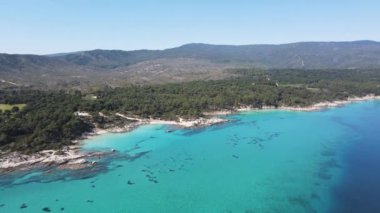 Orange Beach, Chalkidiki, Orta Makedonya ve Yunanistan yakınlarındaki Sithonia kıyı şeridinin inanılmaz manzarası