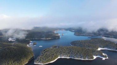 Aerial winter view of Shiroka polyana (Wide meadow) Reservoir, Pazardzhik Region, Bulgaria