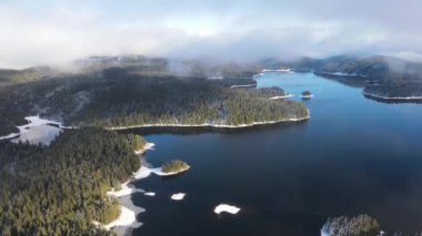 Aerial winter view of Shiroka polyana (Wide meadow) Reservoir, Pazardzhik Region, Bulgaria