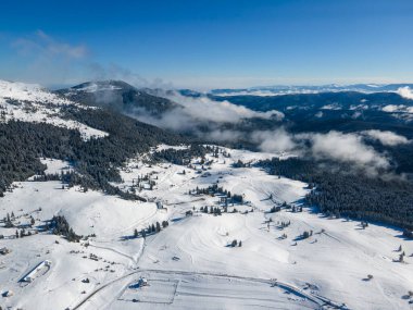 Amazing Aerial winter view of Rila mountain near Belmeken Dam, Bulgaria