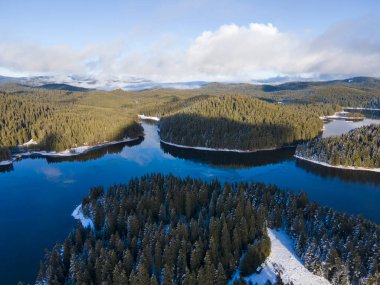 Aerial winter view of Shiroka polyana (Wide meadow) Reservoir, Pazardzhik Region, Bulgaria