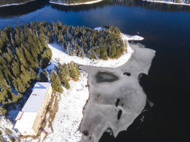 Aerial winter view of Shiroka polyana (Wide meadow) Reservoir, Pazardzhik Region, Bulgaria