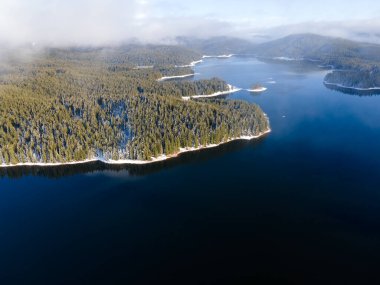 Aerial winter view of Shiroka polyana (Wide meadow) Reservoir, Pazardzhik Region, Bulgaria