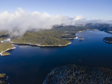 Aerial winter view of Shiroka polyana (Wide meadow) Reservoir, Pazardzhik Region, Bulgaria