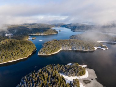 Aerial winter view of Shiroka polyana (Wide meadow) Reservoir, Pazardzhik Region, Bulgaria