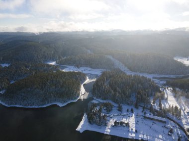 Aerial winter view of Shiroka polyana (Wide meadow) Reservoir, Pazardzhik Region, Bulgaria