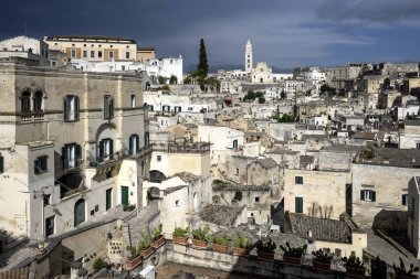Matera 'nın muhteşem manzarası, Basilicata Bölgesi, İtalya