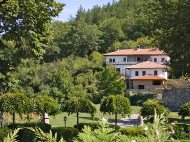 Sırbistan 'ın Kutsal Bakire Meryem' in Ortaçağ Sukovo Manastırı 'na inanılmaz bir bakış açısı