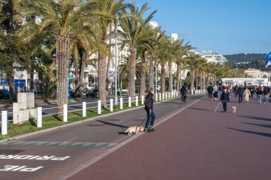 GÜZEL, FRANCE - 25 Ocak 2024: Nice, Provence Alpes-Cote d 'Azur, Francev' in sahil caddesinin gün batımı panoramik manzarası