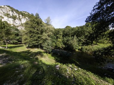 Sırbistan 'ın Dimitrovgrad bölgesindeki Vlaska Dağı' ndaki Jerma Nehri Vadisi 'nin İnanılmaz Yaz Manzarası