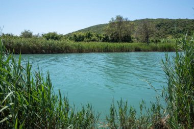 Ammoudia Köyü, Epirus, Yunanistan 'daki Acheron nehrinin ağzının muhteşem manzarası