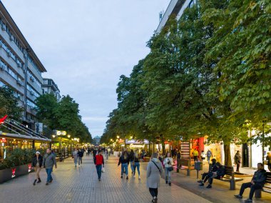 SOFYA, BULGARIA - 19 Ekim 2024: Bulgaristan 'ın başkenti Sofya' daki Pedestrian Bulvarı 'nın şaşırtıcı gün batımı manzarası