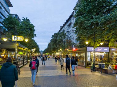 SOFYA, BULGARIA - 19 Ekim 2024: Bulgaristan 'ın başkenti Sofya' daki Pedestrian Bulvarı 'nın şaşırtıcı gün batımı manzarası