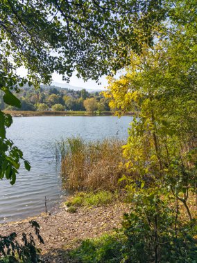 Sonbahar manzara Iskar Nehri yakınındaki Pancharevo Gölü, Sofya şehir bölge, Bulgaristan