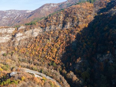 Bulgaristan 'ın Chepelarska Nehri (Chaya) etrafındaki Rodop Dağları' nın sonbahar havası manzarası