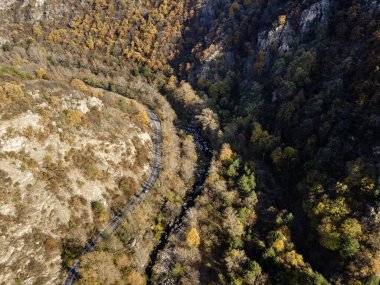 Bulgaristan 'ın Chepelarska Nehri (Chaya) etrafındaki Rodop Dağları' nın sonbahar havası manzarası