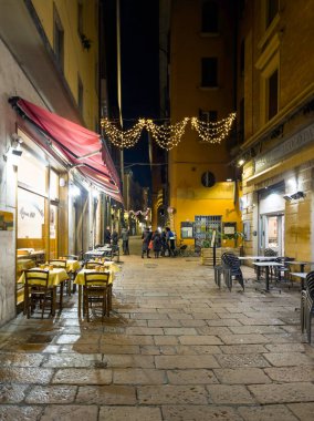 BOLOGNA, İTALYA - 04 Aralık 2024: Bologna, Emilia-Romagna Bölgesi, İtalya 'nın Eski Kasabası' nın Gece Panoraması