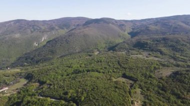 Bulgaristan 'ın Filibe Bölgesi' nin Kuklen kenti yakınlarındaki Rodopes Dağı 'nın hava ilkbahar manzarası