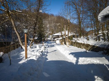 ETAR, GABROVO, BULGARIA - 2 Ocak 2025: Bulgaristan 'ın Gabrovo kenti yakınlarındaki Etara Etnoğrafya Köyü' nün kış manzarası