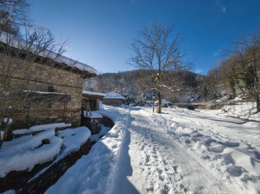ETAR, GABROVO, BULGARIA - 2 Ocak 2025: Bulgaristan 'ın Gabrovo kenti yakınlarındaki Etara Etnoğrafya Köyü' nün kış manzarası