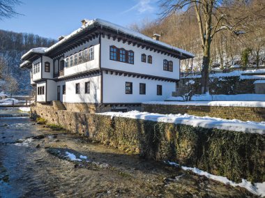 ETAR, GABROVO, BULGARIA - 2 Ocak 2025: Bulgaristan 'ın Gabrovo kenti yakınlarındaki Etara Etnoğrafya Köyü' nün kış manzarası