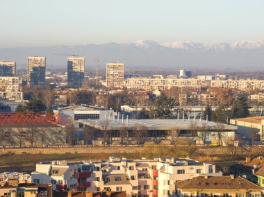 Bulgaristan 'ın Nebet Tepe tepesinden Filibe kentinin panoramik Günbatımı manzarası