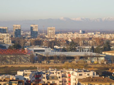 Bulgaristan 'ın Nebet Tepe tepesinden Filibe kentinin panoramik Günbatımı manzarası