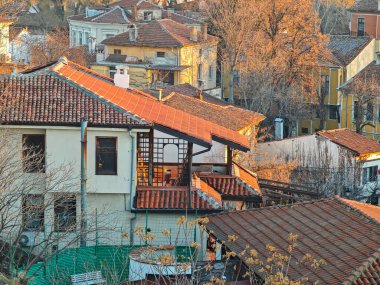 Bulgaristan 'ın Nebet Tepe tepesinden Filibe kentinin şaşırtıcı Günbatımı panraması