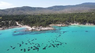 Orange Beach, Chalkidiki, Orta Makedonya ve Yunanistan yakınlarındaki Sithonia kıyı şeridinin inanılmaz manzarası