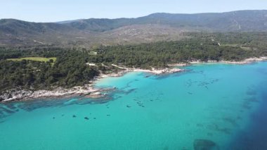 Orange Beach, Chalkidiki, Orta Makedonya ve Yunanistan yakınlarındaki Sithonia kıyı şeridinin inanılmaz manzarası