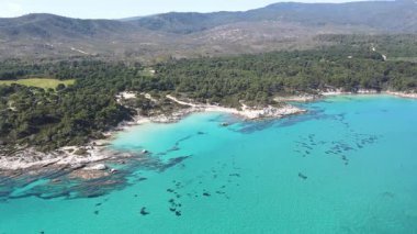 Orange Beach, Chalkidiki, Orta Makedonya ve Yunanistan yakınlarındaki Sithonia kıyı şeridinin inanılmaz manzarası