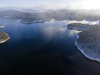 Aerial winter view of Shiroka polyana (Wide meadow) Reservoir, Pazardzhik Region, Bulgaria