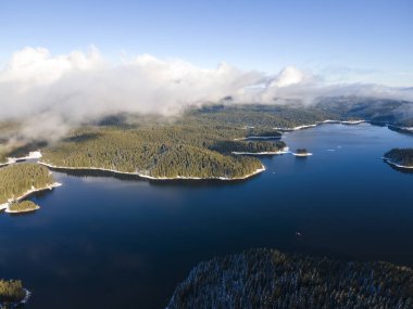 Aerial winter view of Shiroka polyana (Wide meadow) Reservoir, Pazardzhik Region, Bulgaria
