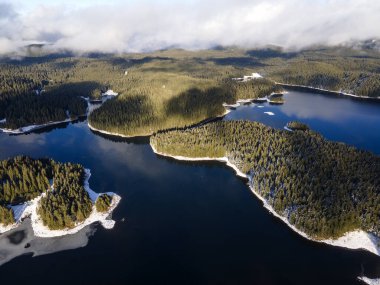 Aerial winter view of Shiroka polyana (Wide meadow) Reservoir, Pazardzhik Region, Bulgaria
