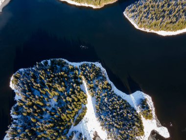 Aerial winter view of Shiroka polyana (Wide meadow) Reservoir, Pazardzhik Region, Bulgaria