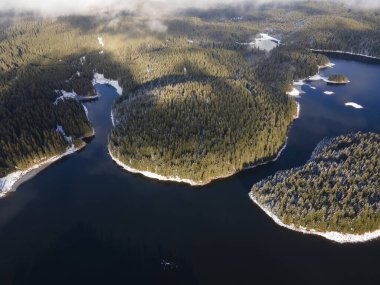 Aerial winter view of Shiroka polyana (Wide meadow) Reservoir, Pazardzhik Region, Bulgaria