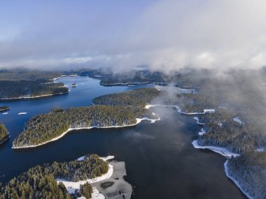 Aerial winter view of Shiroka polyana (Wide meadow) Reservoir, Pazardzhik Region, Bulgaria