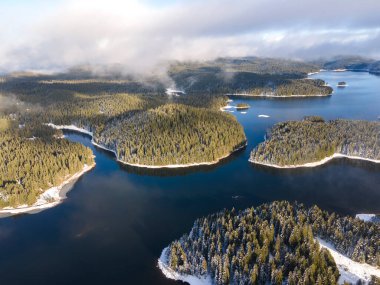 Aerial winter view of Shiroka polyana (Wide meadow) Reservoir, Pazardzhik Region, Bulgaria
