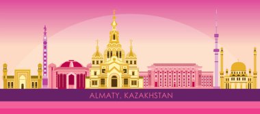 Almaty, Kazakistan 'ın Sunset Skyline panoraması - vektör illüstrasyonu