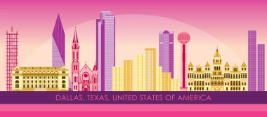Dallas, Teksas, ABD 'nin Sunset Skyline panoraması - vektör illüstrasyonu
