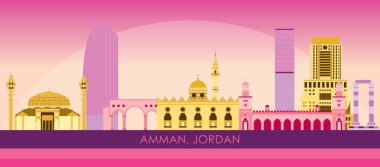 Ürdün, Amman şehrinin Sunset Skyline panoraması - vektör illüstrasyonu