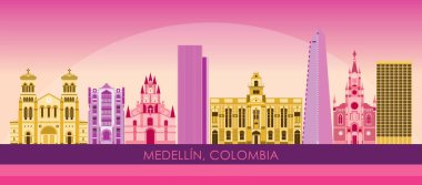Medellin, Kolombiya 'nın Günbatımı Skyline Panoraması - vektör çizimi